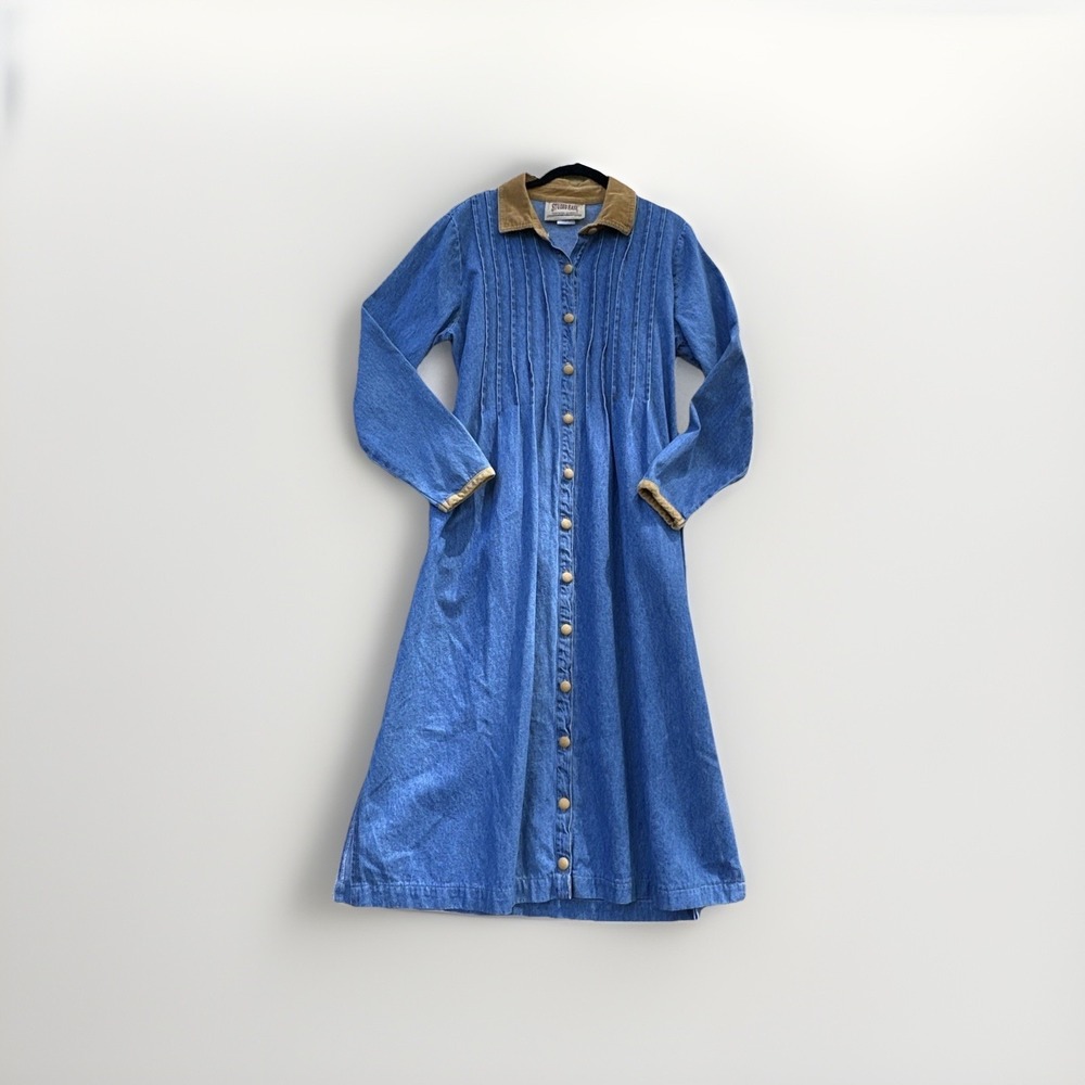 Vintage 90s Denim Prairie Dress Corduroy Collar USA Cotton Coastal Cowgirl 12
